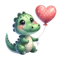 AI generated cute cartoon alligator holding a heart balloon png