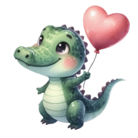 AI generated cute cartoon alligator holding a heart balloon png