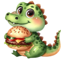 AI generated cute cartoon alligator holding a hamburger png