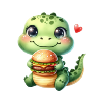 ai gegenereerd schattig tekenfilm alligator Holding een Hamburger png