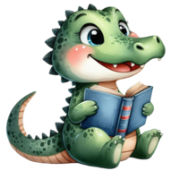 ai généré mignonne dessin animé crocodile en train de lire livre, illustration, png