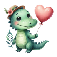 AI generated cute cartoon alligator holding a heart balloon png