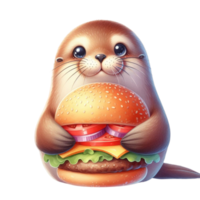 ai gerado mar lontra segurando uma Hamburger, desenho animado ilustração png