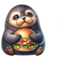 ai gerado mar lontra segurando uma Hamburger, desenho animado ilustração png