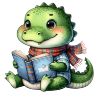 ai gerado fofa desenho animado crocodilo lendo livro, ilustração, png