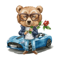 ai generado un dibujos animados oso participación un Rosa y en pie siguiente a un coche png