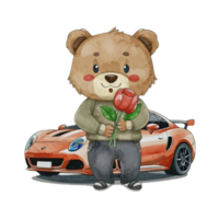 AI generated a cartoon bear holding a rose and standing next to a car png