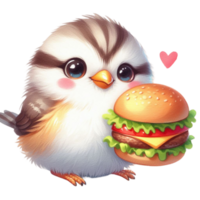 AI generated cartoon bird holding a hamburger png