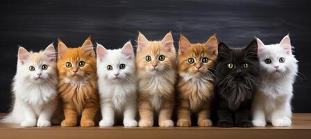 ai generado encantador colección de diverso de colores gato gatitos sentado lado por lado en un encantador fila foto