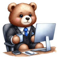AI generated a cartoon bear in a suit sitting at a computer png