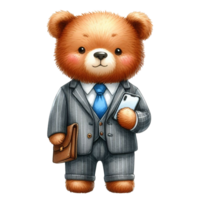 AI generated a cartoon teddy bear dressed in a suit holding a phone png