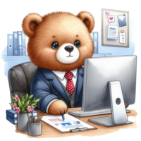 AI generated a cartoon bear in a suit and tie sitting at a desk png