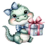 ai generato carino cartone animato bambino alligatore con regalo scatola su trasparente sfondo png