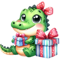 ai generiert süß Karikatur Baby Alligator mit Geschenk Box auf transparent Hintergrund png