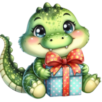 AI generated cute cartoon baby alligator with gift box on transparent background png