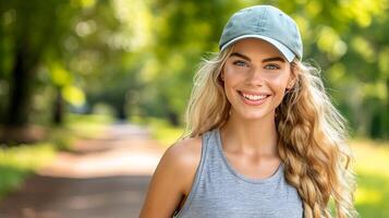 ai generado activo mujer con hermosa sonrisa participativo en ciudad sendero correr, maratón, y triatlón foto