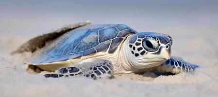 AI generated Majestic sea turtle basking on sandy beach with breathtaking blue ocean as backdrop photo