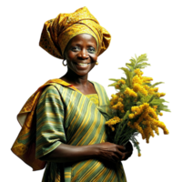 AI generated Monzambique woman with bouquet of mimosa flowers- png