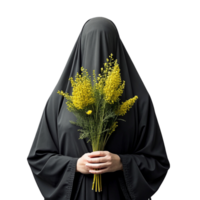 ai genererad pakistansk kvinna med bukett av mimosa blommor- png