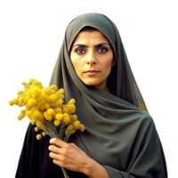 ai generiert irakisch Frau mit Mimose Strauß von Blumen png