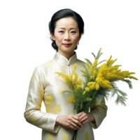 ai gegenereerd Chinese vrouw met mimosa boeket van bloemen png