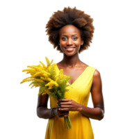 ai generiert schwarz Frau mit Strauß von Mimose Blumen png