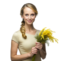 AI generated European woman with bouquet of mimosa flowers- png