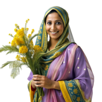 AI generated Tunisian woman with mimosa bouquet of flowers- png
