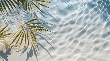 ai generado tropical hoja sombra en agua y blanco arena playa, hermosa resumen antecedentes para vacaciones. foto