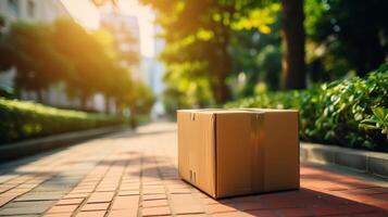 AI generated Online shopping delivery concept  package near front door, cardboard box delivered to doorstep. photo