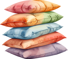 AI generated Vibrant soft pillow stack, soft bedding items, watercolor illustration isolated on transparent background png