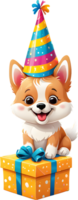 ai généré mignonne chien portant fête chapeau assise sur cadeau boîte dans transparent Contexte png