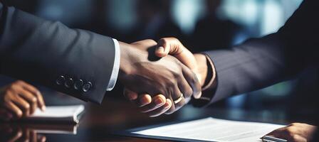 AI generated Close up of business professionals negotiating contract and shaking hands in office meeting photo