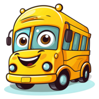 AI generated simple illustration of school bus mascot details, yellow, cute, friendly, smiling, facing front transparent background png