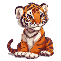 AI generated cute simple child illustration, baby tiger mascot big eyes very cute, lovely, smiling transparent background png
