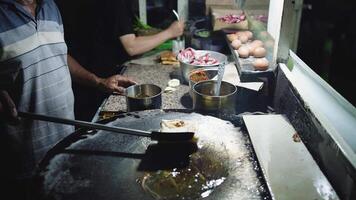 maken werkwijze van martabak telor. hartig gebakken gebakje gevuld met ei, vlees en specerijen. martabak is populair nemen weg voedsel tussen Maleisisch of Indonesisch. video