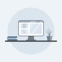 A desktop with a computer, books and a houseplant. A screenshot of the computer screen. vector