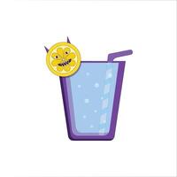 A glass with lemonade, a straw and a lemon. A lemon in the shape of a devil. vector