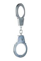 real zinc plated steel police handcuffs closed hanging vertically, isolated on white background photo