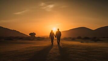 AI generated A heterosexual human couple silhouettes holding hands and walking towards dawn at summer field, neural network generated photorealistic image photo