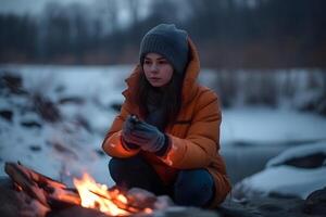 AI generated young caucasian woman warms hands near small bonfire at winter wilderness evening, neural network generated picture photo