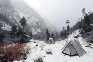 AI generated tourist tent camp at snow covered foggy highlands, neural network generated picture photo