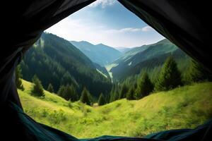 ai generado ver desde turista tienda a el montaña Valle a soleado verano mañana, neural red generado imagen foto