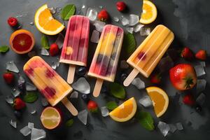 AI generated ice cream popsicles with fruits and ice cube on flat surface, high angle view, neural network generated image photo