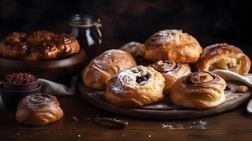 ai generado recién horneado dulce cuerno soplo Pastelería bollos con chocolate en de madera junta, neural red generado imagen foto