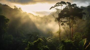 AI generated spectacular view on the rainforest in the sunrise, neural network generated photorealistic image photo