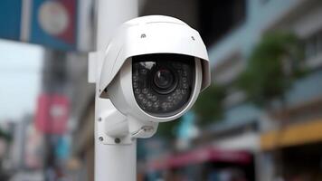 ai generado moderno cctv cámara en un ciudad calle cerca arriba con selectivo atención a tiempo de día, neural red generado imagen foto