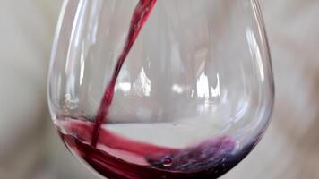 rouge du vin tourbillonnant dans une cristal verre, fermer de rouge du vin étant versé et tourbillonnant dans une verre, mise en évidence le breuvages vibrant Couleur et fluide mouvement. video