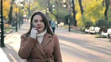 donna su Telefono nel autunno parco, giovane donna nel un' Marrone cappotto parlando su il Telefono, autunno alberi nel il sfondo, città parco scena video