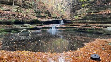 herfst waterval in Woud, sereen waterval trapsgewijs in een met bladeren bezaaid vijver omringd door herfst- gebladerte en rots formaties. video